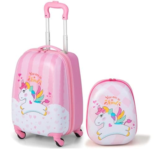 HOMFME 2 PCS Kids Luggage Set, Children Suitcase and Backpack Set with Adjustable Handle and Universal Wheels, Hard Shell Toddler Trolley Case for Travel School (12 + 16 Inch, Pink Unicorn)