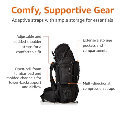 Amazon Basics Internal Frame Waterproof Hiking Backpack Rucksack with Rainfly, 75 L, Black — view 3