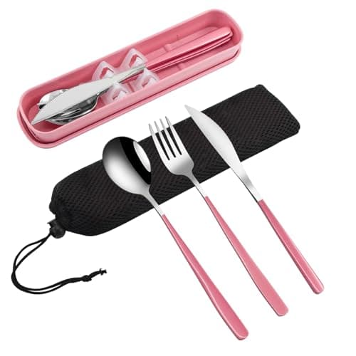 VANRA 3-Piece Portable Travel Utensils Set with Case 18/8 Stainless Steel Flatware Set Reusable Cutlery Set with Fork Spoon Knife for Lunch Travel Camping School Work Picnic (Pink)