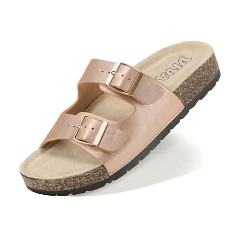 VIVASHOES Women’s Double Buckle Cork Footbed Sandals - Adjustable Flat Slide Sandals for Ladies - Comfortable Open Toe Summer Slippers - Rose Metallic UK 6 — view 2