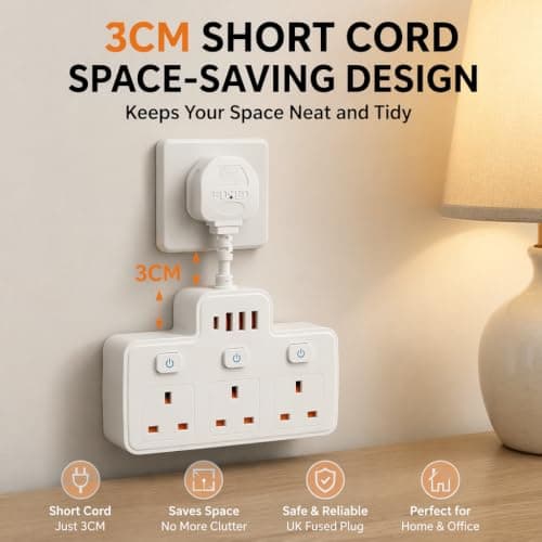 Multi Plug Extension, Short Extension Lead, 3 Way 4 USB Plug Adapter — view 3