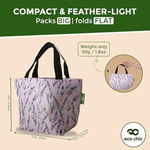 ECO CHIC Lightweight Foldable Insulated Lunch Bag Water Resistant Cooler Bag (Lavender with Dragonfly Lilac) — view 3