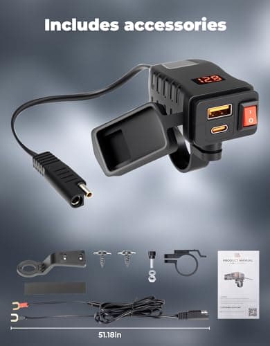 KEMIMOTO Motorcycle USB Charger with USB-C and USB-A Ports, 61-Inch Extra-Long IP66 Waterproof Cable, 30W 3.0 Fast Charging for Phone GPS, On/Off Switch, SAE 5A Fuse, Fits 7/8" Handlebars — view 6
