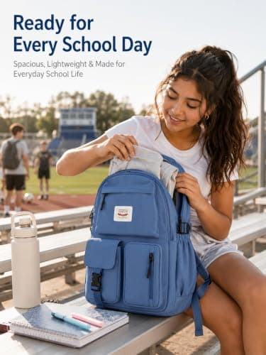 FIORETTO Lightweight School Backpack Womens, Cute School Bag for Teenager Girls, 15.6 Laptop Rucksack Backpack for School Casual Daypacks Travel Backpack for College Work Dark blue 25L — view 2