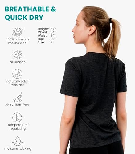 100% Merino Wool T Shirt Women - Merino Wool Base Layer Womens + Socks (Small, Charcoal) — view 2