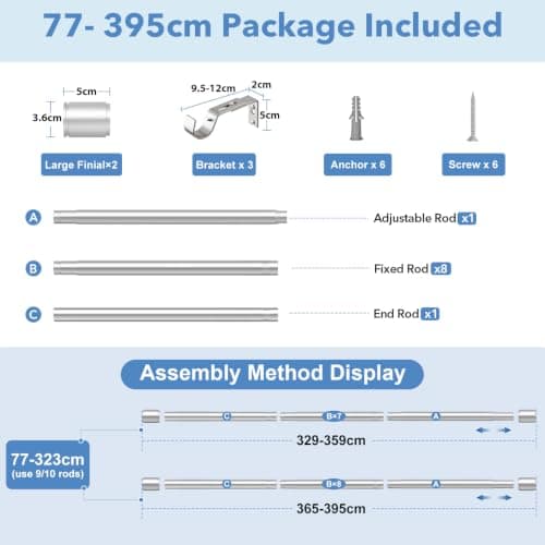 PeSenp Curtain Poles 77-380cm, 25mm Diameter Silver Extendable Curtain Pole — view 4