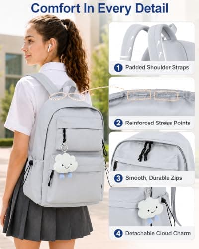 FIORETTO Backpack Womens School Bag Girls Boys, Lightweight Water-Resistant Fits 15.6” Laptop Large Capacity Rucksack with Anti-Theft Pocket, Ideal for School College Commuting Travel Grey — view 5