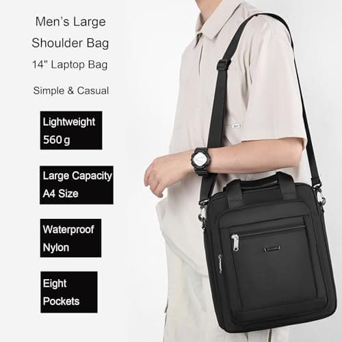 zhongningyifeng Men's Messenger Bag 14-inch Laptop Bag Nylon Large Shoulder Bag Business Waterproof Casual Black Crossbody Bag for Work Travel Outdoor — view 2