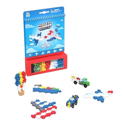 Plus Plus Travel Toys - Building Blocks Puzzle Play, Ideal Train, Car, or Plane Activities for Kids, 12 Pages with 125 Pieces in Attached Storage, Girls and Boys Toys Age 5 Plus - Transportation