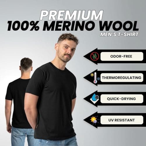 menique 100% Merino Shirt Mens Short Sleeve T Shirt, Lightweight Thermal Top Men, Base Layer, Wicking Breathable Undershirt Top, Crew Neck Tee for Outdoor Travel & Hiking, Black, XL — view 3