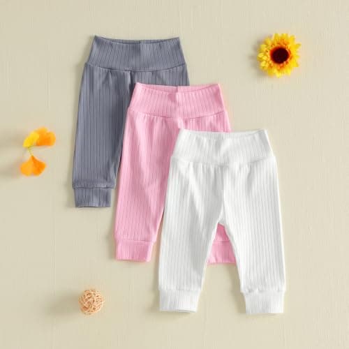 JCOPLY Baby Girl Leggings 3 Pack Set Toddler Ribbed Cotton Trousers 0-3T (Gray White Pink, 2-3 Years) — view 4