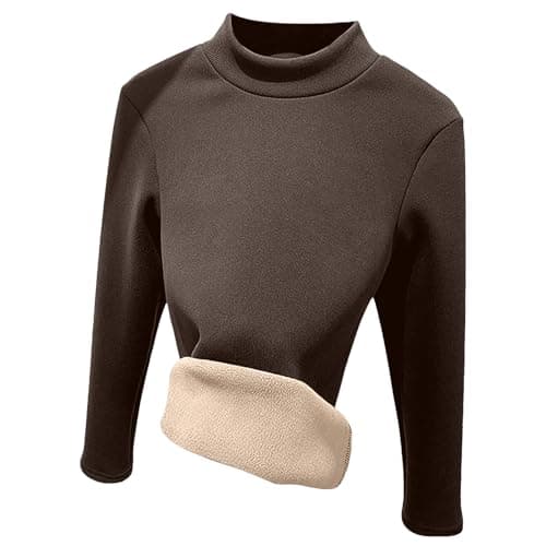 Longra Thermal Pullover Long Sleeve Top Women Stretchy Ladies Turtle Neck Thermals Jumpers T Shirt Base Layer Thermal Underwear Warm Fleece Shirt Winter Thermals Wear for Women Coffee