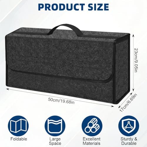 vsshe Car Boot Organiser Bag Anti Slip Foldable, Large Flip-Top Felt Trunk Organiser Hook and Loop, Car Boot Tidy for Tools Breakdown Emergency Travel Tidy for All Vehicles(50 x 17 x 23 cm Grey) — view 2