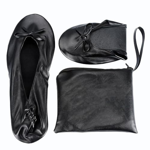 Momolaa UK 5.5 Ladies Roll up Shoesportable Travel Ballet Flat Fold up Pumps After Party Shoes Slipper (with Carrier Pouch) A0_Clearance Black