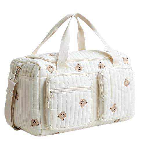 Quilted Duffle Bag for Women, Cotton Canvas Travel Duffel & Hospital Bag, Large Weekend Bag Maternity Nappy Bag, Carry On Holdall for Travel, Gym, Overnight Stays, Underseat Flight Bag - Bear Pattern