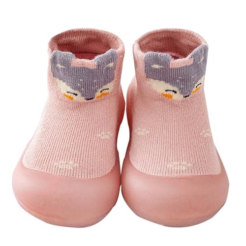 Baby Girls Boys First Walking Shoes Anti Slip Slippers Socks Barefoot Shoes Toddler Infant Non Slip Sole Shoes Breathable(Pink Grey, 12-18Month)