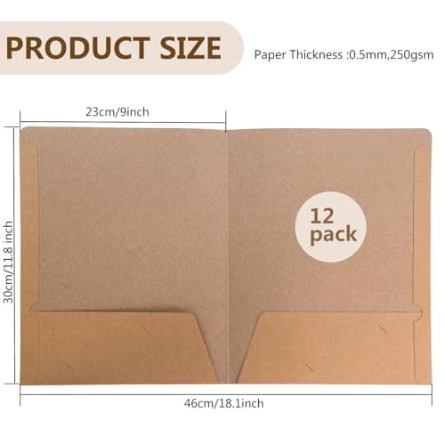 12 Pack A4 Kraft Paper File Folders, Square Cut Document Organisers with Business Card Slot, Presentation Folder for Office Reports, School Projects, Meeting Handouts (Brown) — view 2