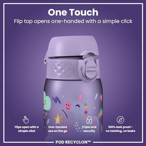 Ion8 Kids Water Bottles, BPA Free, Leakproof, Dishwasher Safe, Easy Open, Secure Lock, Small Boys & Girls Water Bottle,Kids Drinks Bottle for Spill-free Drinking, Purple, Unicorns, 350ml/12oz — view 3