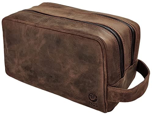 Rustic Town Leather Toiletry Bag - Spacious Dual Compartment Dopp Kit Organizer for Easy Packing - Premium Full Grain Leather Shaving & Bathroom Travel Case - Ideal Gift for Men & Women, Dark Brown