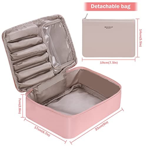Travel Makeup Bag [with Brushes Holder & Detachable Pouch] Cosmetic Bag Large Capacity Waterproof Makeup Case Storage Organiser for Women & Girls (Pink) — view 6