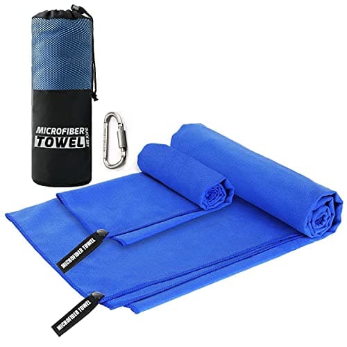 Microfiber Travel & Sports Towel Set - Quick Dry, Super Absorbent, Compact, Lightweight - for Camping, Backpacking, Hiking, Beach, Yoga, Swimming - Includes 2 Sizes + Carrying Bag & Clip (Blue)