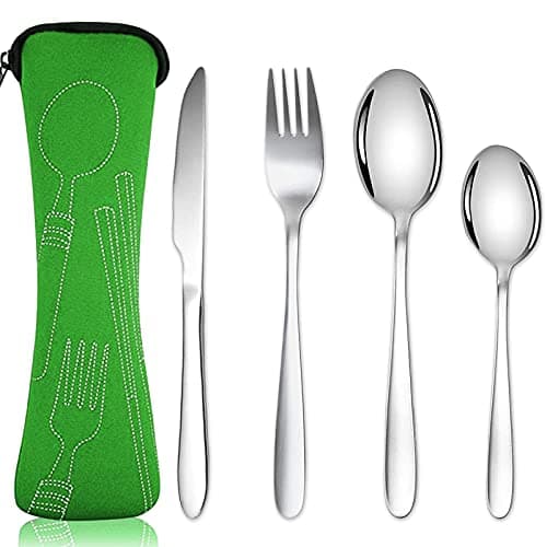 Acehome Cutlery Set with Portable Pouch Case, Stainless Steel Flatware Camping Utensil Set with Neoprene Bag for Outdoor Travel Picnic Office School Lunch Box (4 Pcs Green)