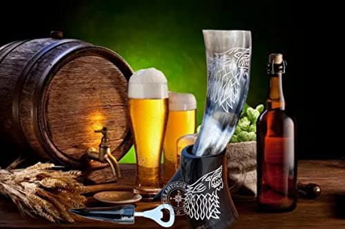 THE ANTIQUE HOUSE Genuine Viking Drinking Beer Horn Mug Wolf Engraving Wine Mead Mug with Stand & Bottle Opner-Leather Holder Food Safe — view 3