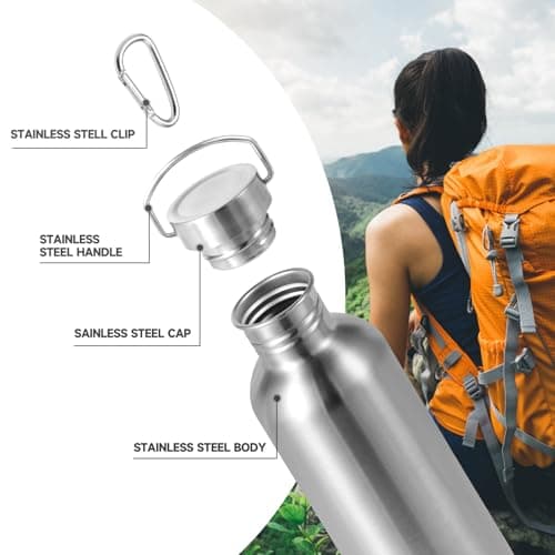 Volhoply 1000ml Uninsulated Single Walled Water Bottle, Stainless Steel Sports Water Bottles with Handle & Carabiner, BPA Free Lightweight Water Bottles for Hiking, Biking, Running（Silver,1） — view 6