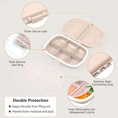 ACWOO Pill Box Organiser, 1Pcs Portable Medicine Storage Box with 8 Compartments, Pill Case Pill Dispenser to Hold Vitamins, Cod Liver Oil, Supplements and Medication for Travel & Work (Beige) — view 4
