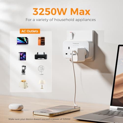 TESSAN Double Plug Adapter UK, 2 Way Plug Extension Socket — view 3