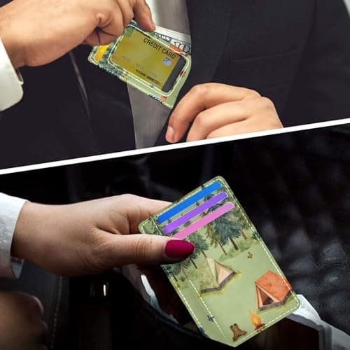 xigua Slim Wallet Front Pocket Leather RFID Blocking Credit Card Holder Camping-Tents-Forest-Illustration-Nature-Tree Minimalist Wallets — view 6