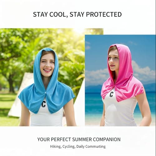 XIMU-SHANGDIAN 2 Pack Cooling Hoodie Towel – Instant Cool Towel for Neck & Face with Sun Protection, Ideal for Sport, Camping, Workout, Hot Weather (Blue & Rose Red) — view 5