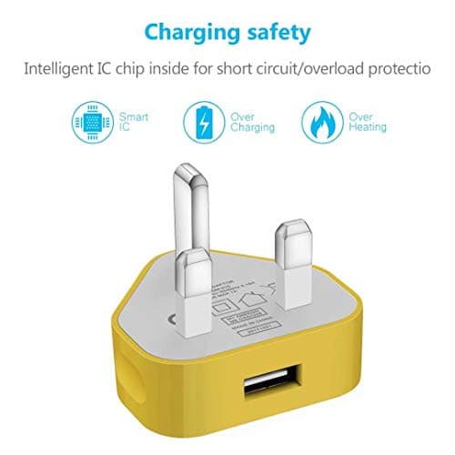 USB Compact Universal UK Mains Charger 1000 mAh CE Approved Adapter Cable Compatible with Mobile Phones iPhone 5 6 7 8 X iPod/Samsung Galaxy S2 3.4 S5 S6 S7 S8 S9/Smart phones/Media devices (Yellow) — view 3