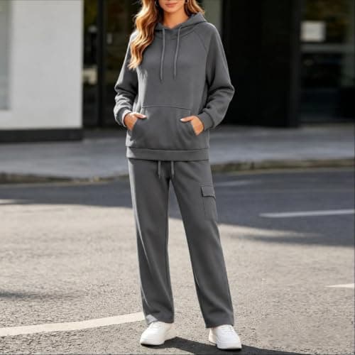 Womens Tracksuit Set 2 Piece Lounge Wear UK Oversized Hoodie Wide Leg Jogger Bottoms Co Ord Set Ladies Activewear Winter Warm Fleece Leisure Outfit Gym Travel Airport Clothing Plus Size Petite — view 5