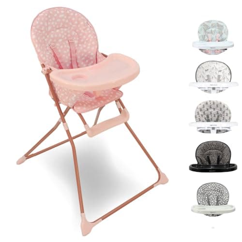 My Babiie MBHC1 Compact Highchair – Ultra Lightweight (5kg), Foldable, Easy Clean, Padded Seat, Footrest, Tray Cup Holder, for Toddler, from 6 Months to 3 Years (15kg) – Pink Dalmation