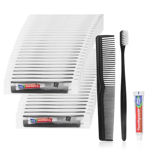 50 Pack Black Disposable Toothbrushes with Toothpaste and Comb Set,10g Toothpaste,7inch Hair Comb,Individually Wrapped Disposable Travel Hotel Toothbrush Set for Homeless,Hotel,Charity