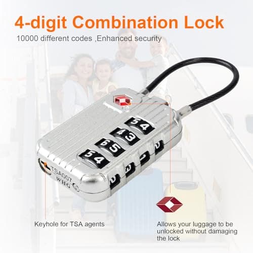 GRIFEMA GA1008W TSA Approved 4-Digit Combination Luggage Lock, Secure Travel Lock with Steel Cable for Suitcases, Backpacks, Gym Lockers - White — view 5