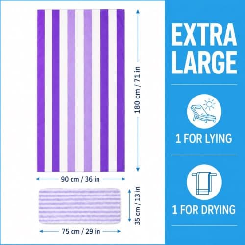 Oversized Microfibre Beach Towel Set, 180 x 90 cm Quick Dry Sand Resistant Beach Towel with 75 x 35 cm Drying Towel and Drawstring Bag, Lightweight Travel Towel for Beach, Pool, Picnic, Purple Stripe — view 2