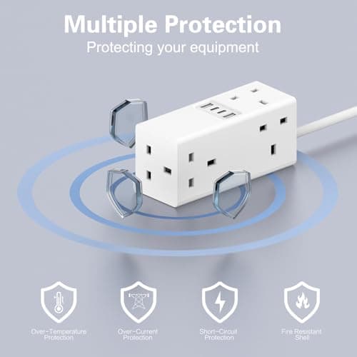 AMOI Extension Lead With USB Slots, USB Extension Cable,Tower Extension Lead, 5 Way Plug Adapter with USB,1.5m extension lead surge protected extension lead with 4 USB Ports (5V/3.4A) — view 3