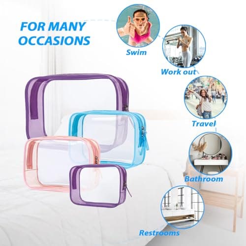 Sahunfri 3-Pack Clear Toiletry Bags Waterproof Gym & Weekend Trip Accessories Transparent PVC Cosmetic Organizers with Color Borders (Pink+Purple+Sky Blue) — view 3