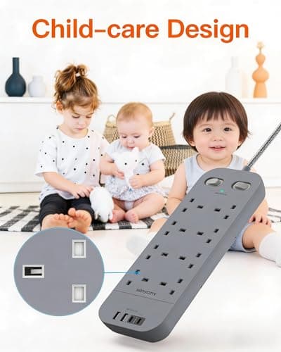 1.8M Extension Lead Grey, 8 Way Power Strip with 2 USB C 2 USB A — view 6