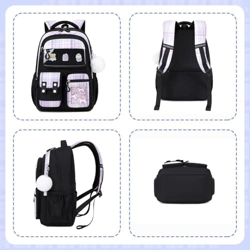 QIXIHU Girls School Backpack, Cute Kawaii Kids Rucksack for Primary School Students, Water Resistant Bookbag with Cartoon Pins & Pom Pom, Travel Bag with Luggage Strap — view 2