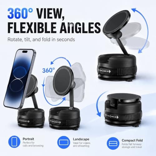 Vacuum Magnetic Car Phone Holder for MagSafe, Strong Suction Cup Dashboard & Windshield Mount, 360° Rotatable Foldable Phone Mount with Metal Ring — view 4