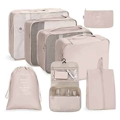OSDUE Packing Cubes for Suitcases, 8 PCS Travel Luggage Packing Organizers Waterproof Travel Essentials Bag Accessories, Clothes Shoes Cosmetics Toiletries Storage Bags, Beige
