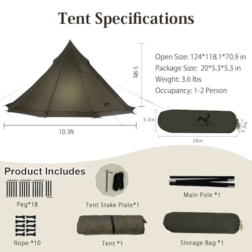 TOMOUNT Hot Tent Teepee Tent with Stove Jack, 4 Season 2 Man Backpacking Tent for Camping, 20D Ripstop Nylon, Windproof Waterproof Winter Small Tent for Hiking Camping Hunting — view 4