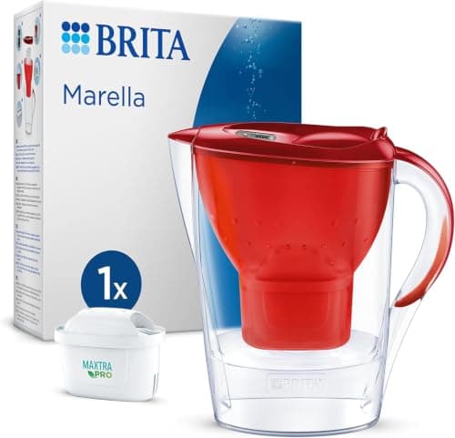 BRITA water filter jug Marella Red (2,4L) incl. 1x MAXTRA PRO All-in-1 filter that reduces PFAS*, chlorine and limescale, fits in fridge door, digital replacement indicator and filling lid
