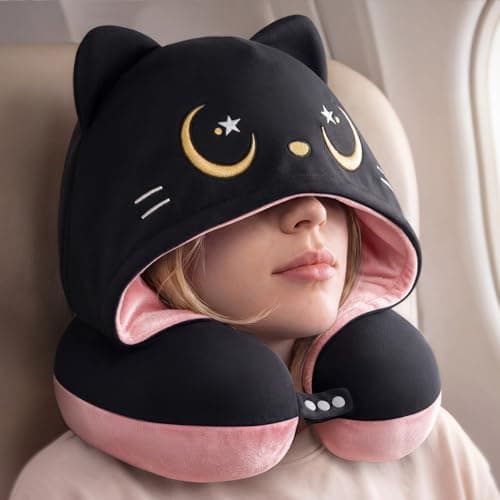 Mewaii Travel Neck Pillow, Airplane Pillow with Cat Hood, Pink