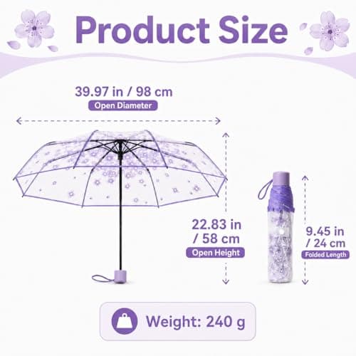 VIPOPICO Clear Umbrella for Women – Manual Open/Close Foldable Compact Travel Umbrella with Frosted Handle | Transparent See-Through Dome | Ideal for Weddings, Bridal Events & Daily Use(1, Purple) — view 5