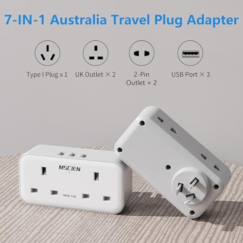 UK to Australia Plug Adapter With 3 USB, Grounded Australian China New Zealand Travel Plug Adaptor, Double Outlet UK with Dual 2 Pin Socket at The Bottom for AUS NZ Argentina Fiji (Type I) — view 2