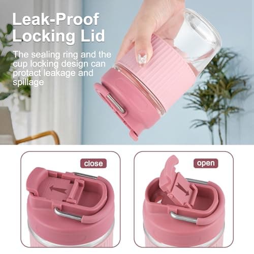 Sivaphe Reusable Glass Coffee Cup | 16oz/450ml Leakproof Travel Mug with Portable Metal Handle,Pink| Borosilicate Glass,Eco-Friendly,BPA-Free|Camping,Gifts,Car Mug,School — view 2